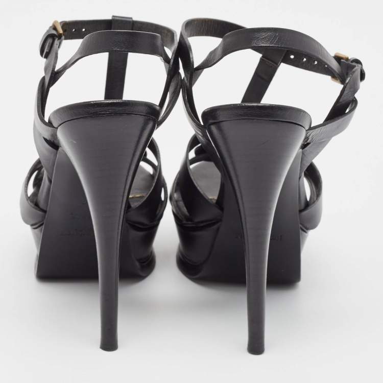 Pre Owned Yves Saint Laurent Black Leather Tribute Ankle Strap Sandals Size 37