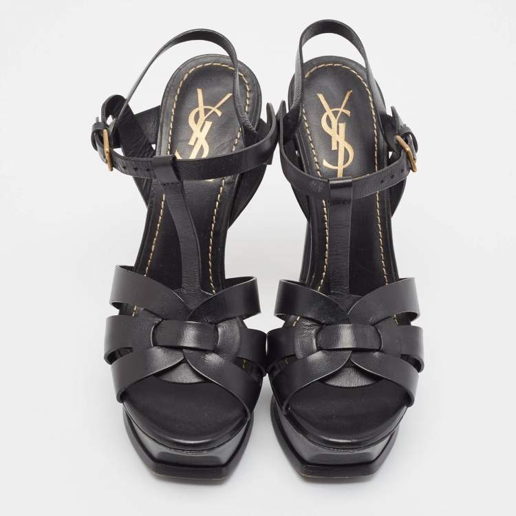 Pre Owned Yves Saint Laurent Black Leather Tribute Ankle Strap Sandals Size 37
