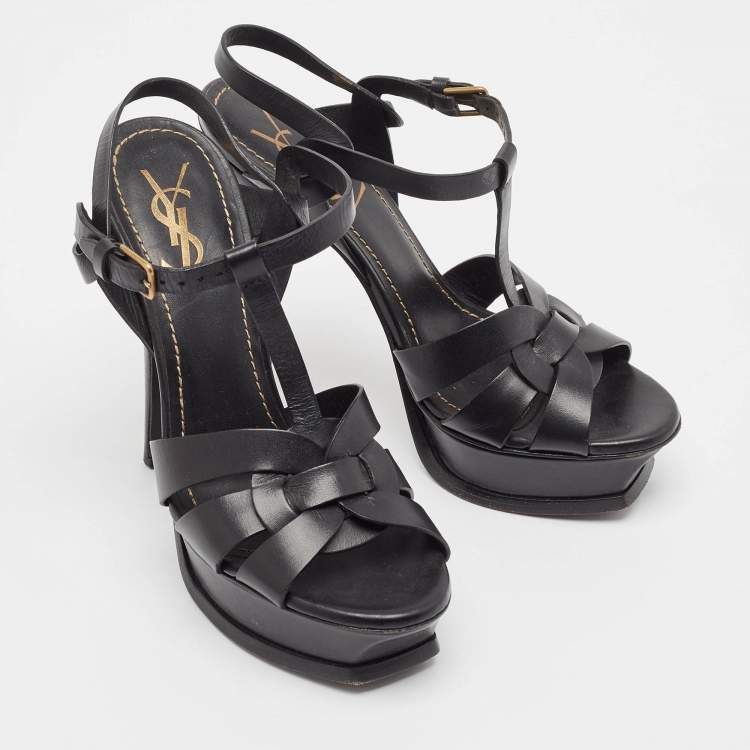 Pre Owned Yves Saint Laurent Black Leather Tribute Ankle Strap Sandals Size 37