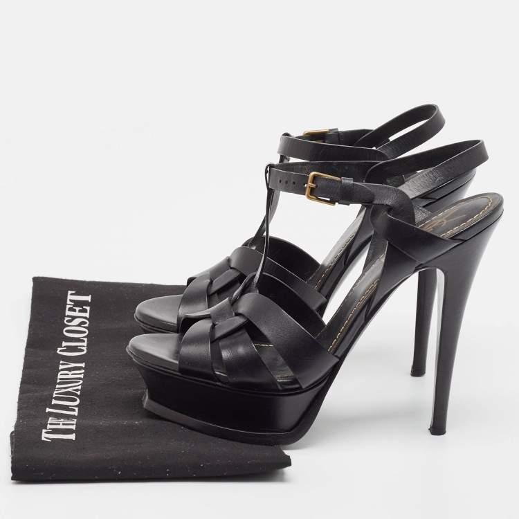 Pre Owned Yves Saint Laurent Black Leather Tribute Ankle Strap Sandals Size 37
