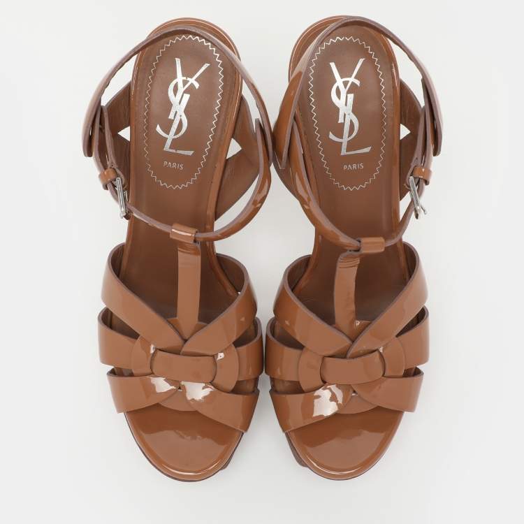 Pre Owned Yves Saint Laurent Brown Patent Leather Tribute Platform Sandals Size 37
