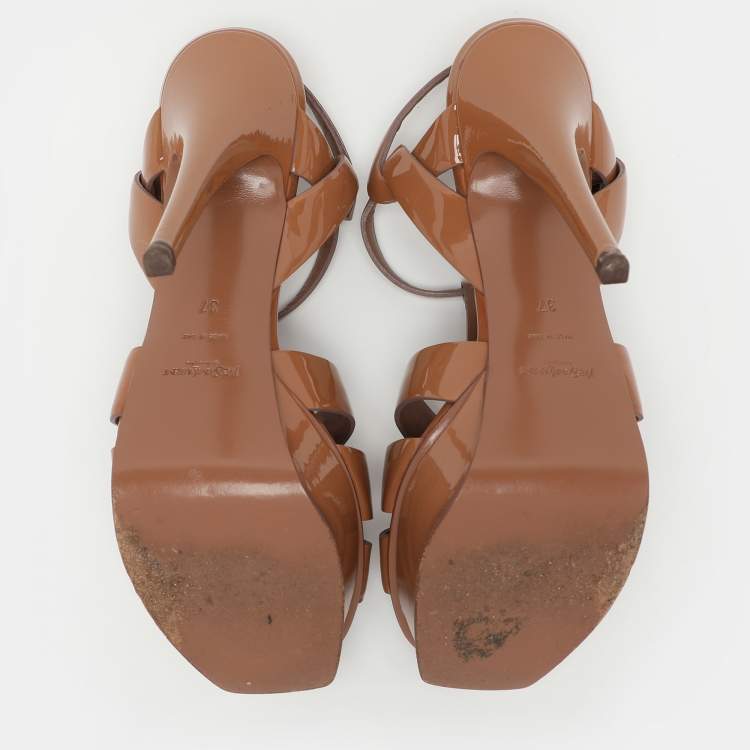 Pre Owned Yves Saint Laurent Brown Patent Leather Tribute Platform Sandals Size 37