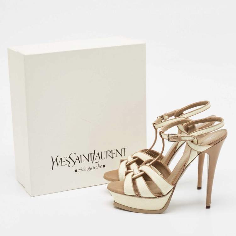 Pre Owned Yves Saint Laurent Cream/Brown Raffia and Leather Tribute Sandals Size 41