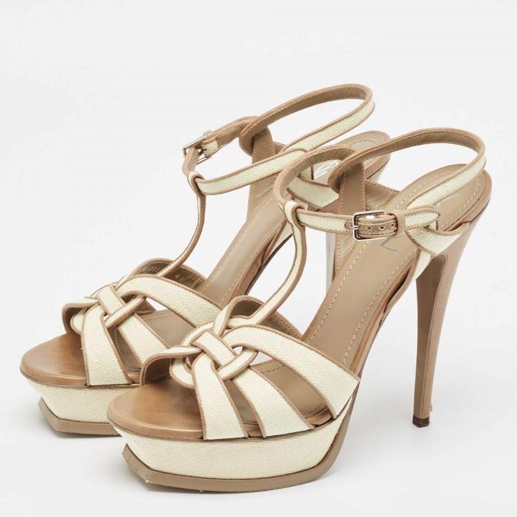 Pre Owned Yves Saint Laurent Cream/Brown Raffia and Leather Tribute Sandals Size 41
