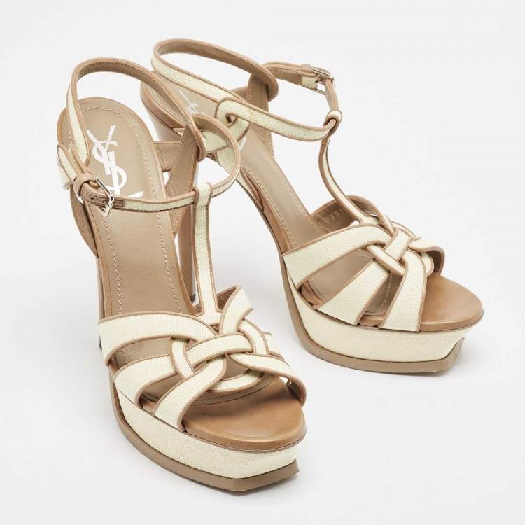 Pre Owned Yves Saint Laurent Cream/Brown Raffia and Leather Tribute Sandals Size 41