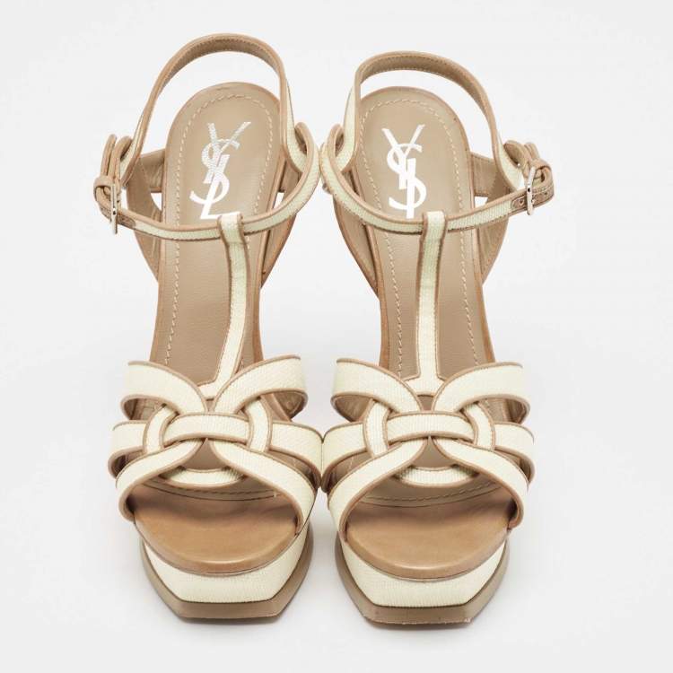 Pre Owned Yves Saint Laurent Cream/Brown Raffia and Leather Tribute Sandals Size 41