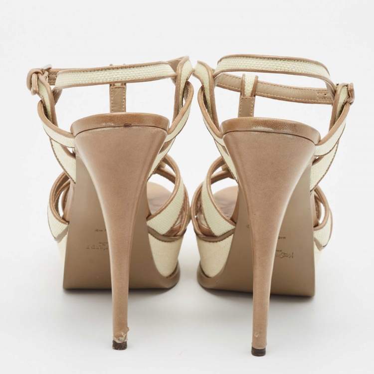 Pre Owned Yves Saint Laurent Cream/Brown Raffia and Leather Tribute Sandals Size 41