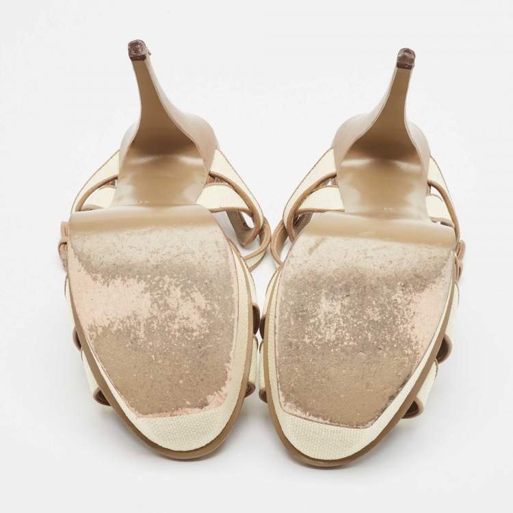 Pre Owned Yves Saint Laurent Cream/Brown Raffia and Leather Tribute Sandals Size 41