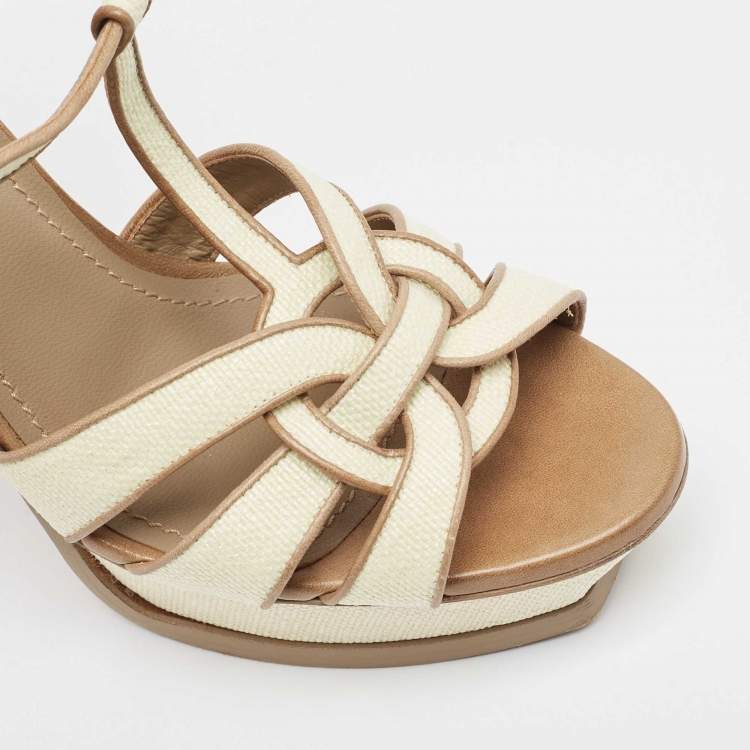 Pre Owned Yves Saint Laurent Cream/Brown Raffia and Leather Tribute Sandals Size 41