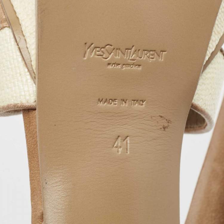 Pre Owned Yves Saint Laurent Cream/Brown Raffia and Leather Tribute Sandals Size 41