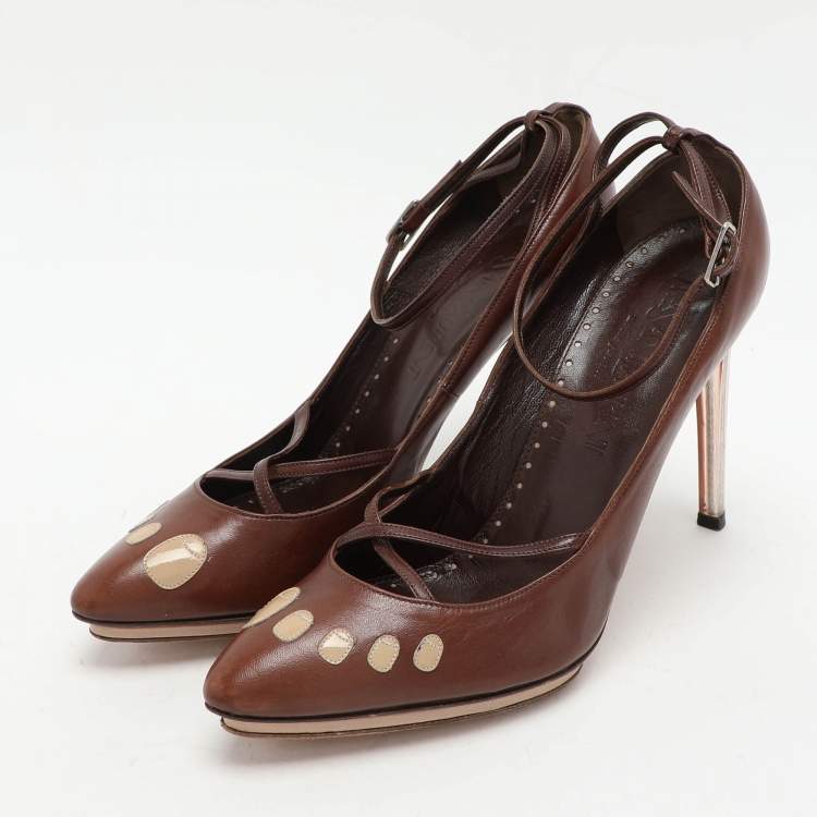 Pre Owned Yves Saint Laurent Brown Leather Ankle Strap Pumps Size 37.5