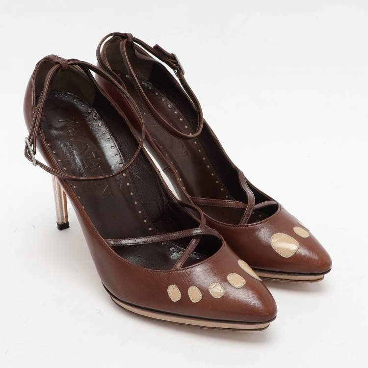 Pre Owned Yves Saint Laurent Brown Leather Ankle Strap Pumps Size 37.5
