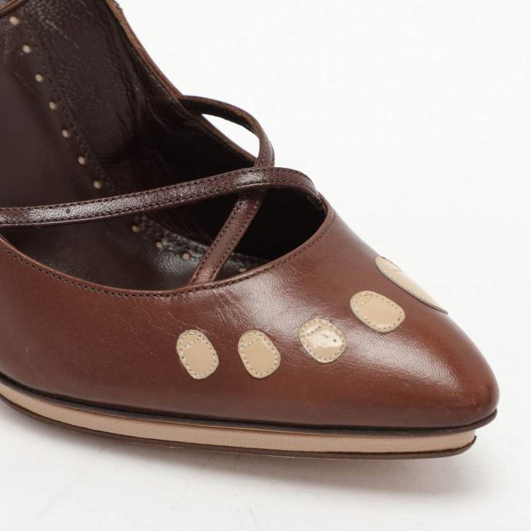 Pre Owned Yves Saint Laurent Brown Leather Ankle Strap Pumps Size 37.5