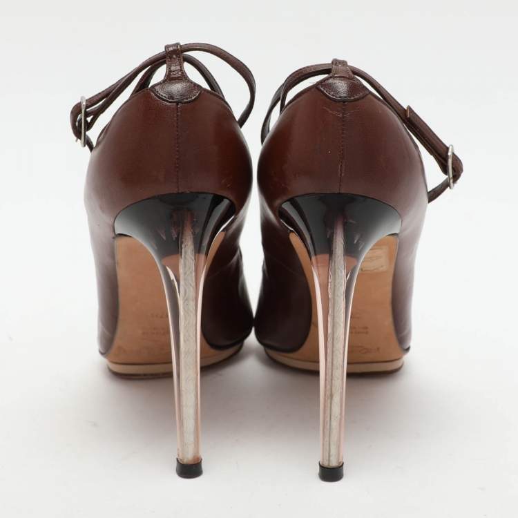 Pre Owned Yves Saint Laurent Brown Leather Ankle Strap Pumps Size 37.5