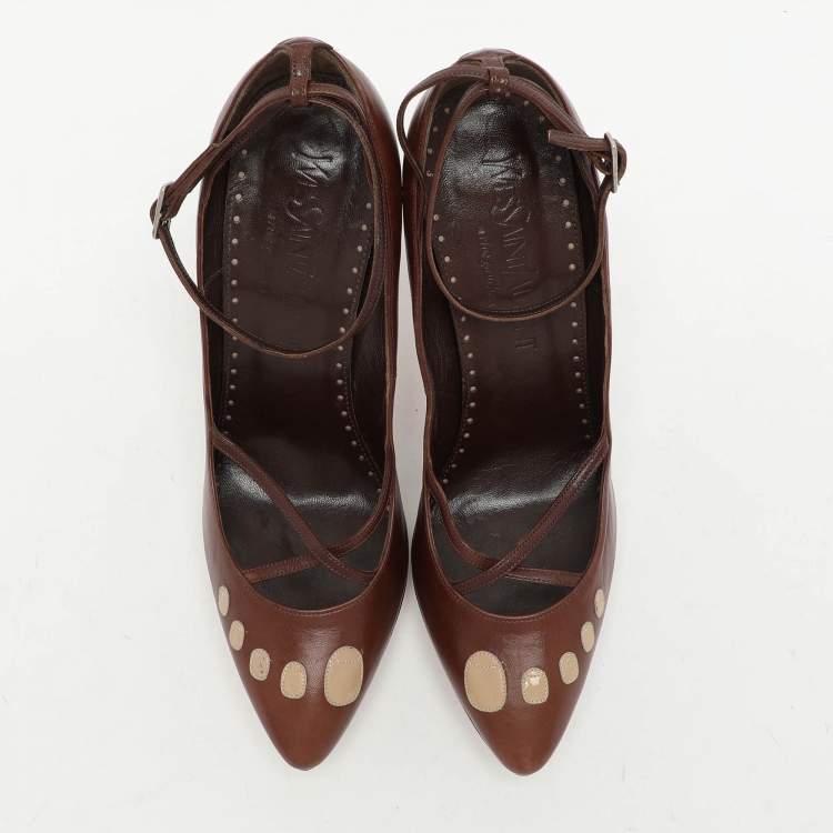Pre Owned Yves Saint Laurent Brown Leather Ankle Strap Pumps Size 37.5