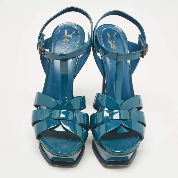Pre Owned Yves Saint Laurent Teal Patent Leather Tribute Sandals Size 37.5