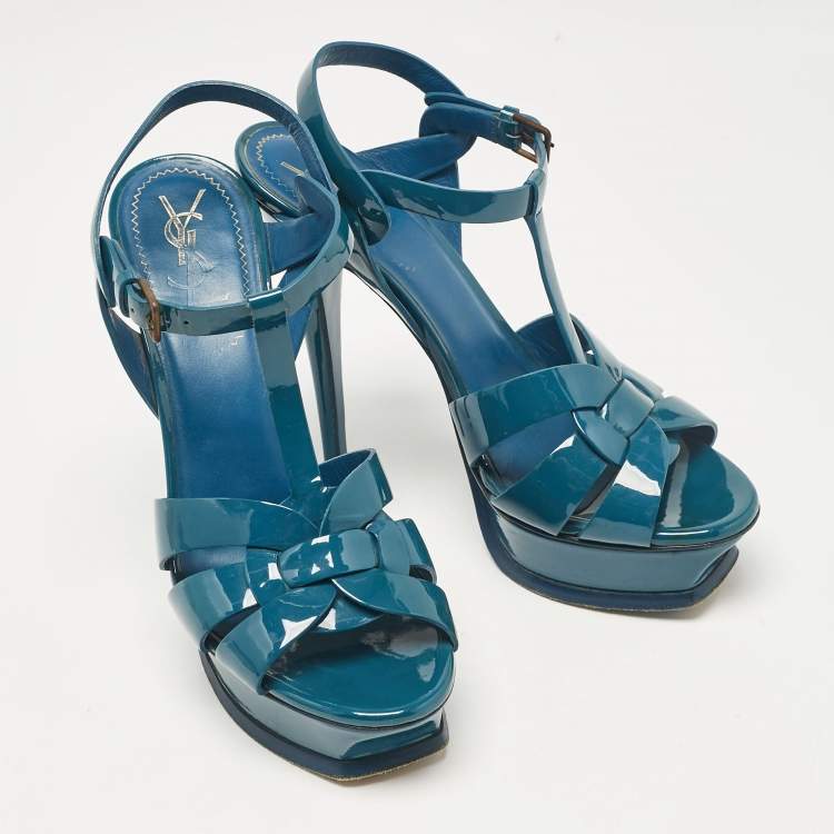 Pre Owned Yves Saint Laurent Teal Patent Leather Tribute Sandals Size 37.5