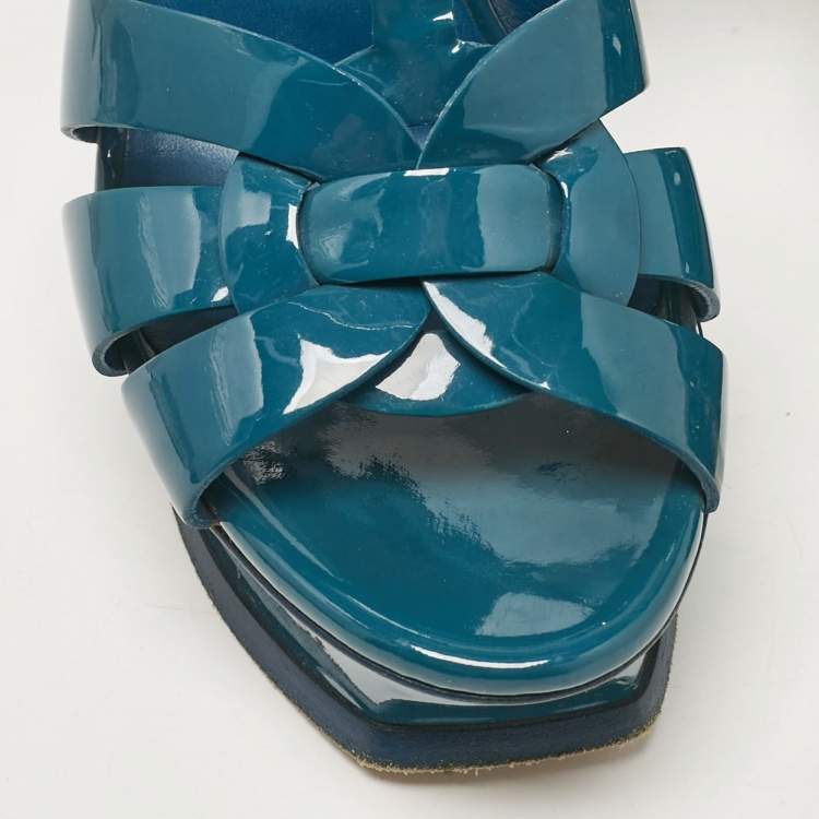 Pre Owned Yves Saint Laurent Teal Patent Leather Tribute Sandals Size 37.5