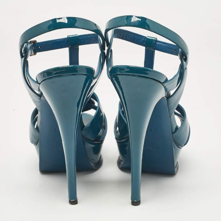 Pre Owned Yves Saint Laurent Teal Patent Leather Tribute Sandals Size 37.5