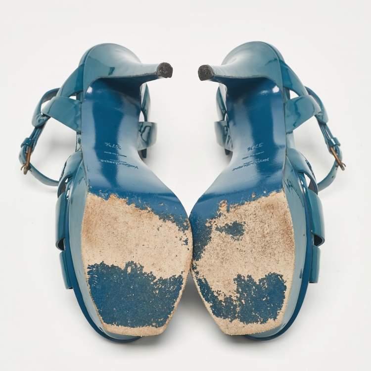 Pre Owned Yves Saint Laurent Teal Patent Leather Tribute Sandals Size 37.5