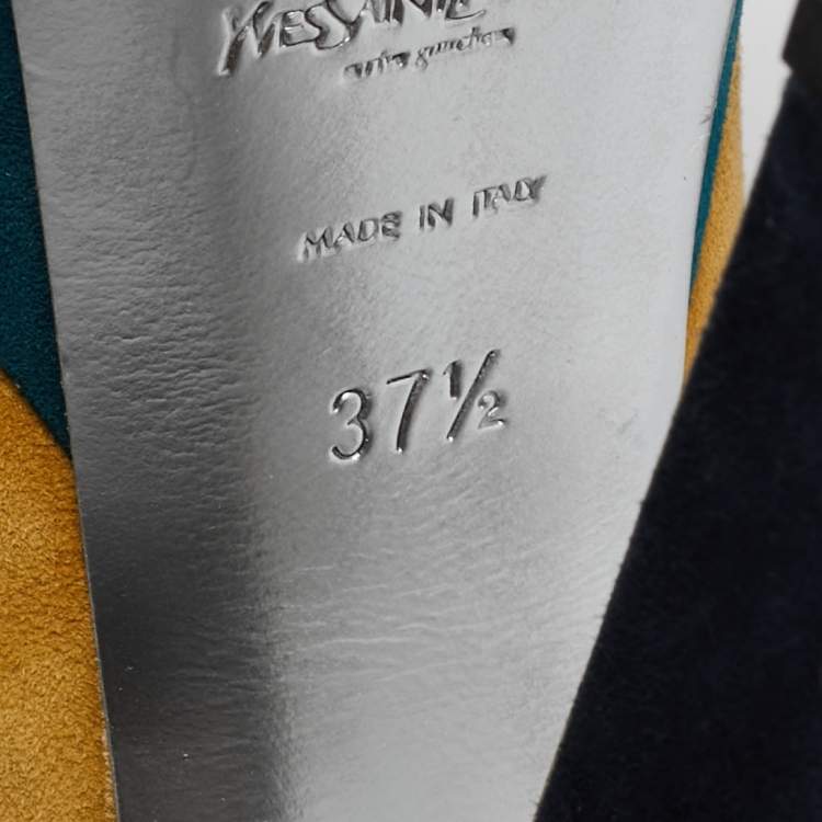 Pre Owned Yves Saint Laurent Yellow/Grey Suede Platform Slingback Pumps Size 37.5