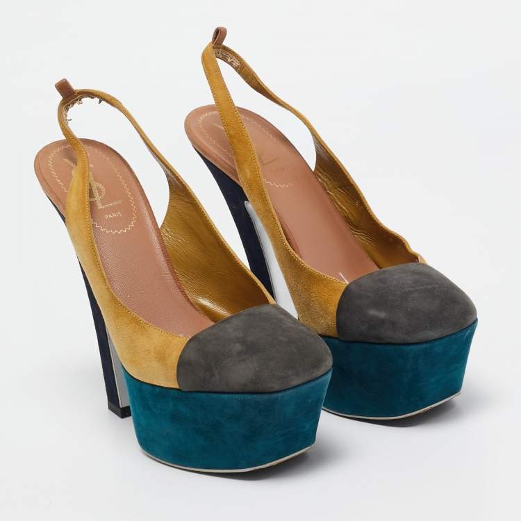 Pre Owned Yves Saint Laurent Yellow/Grey Suede Platform Slingback Pumps Size 37.5