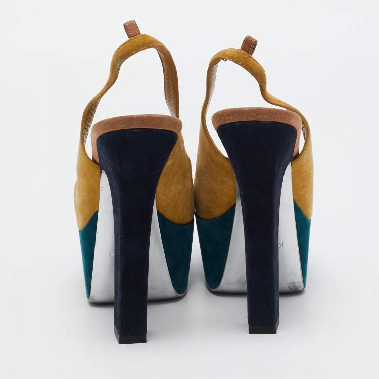 Pre Owned Yves Saint Laurent Yellow/Grey Suede Platform Slingback Pumps Size 37.5