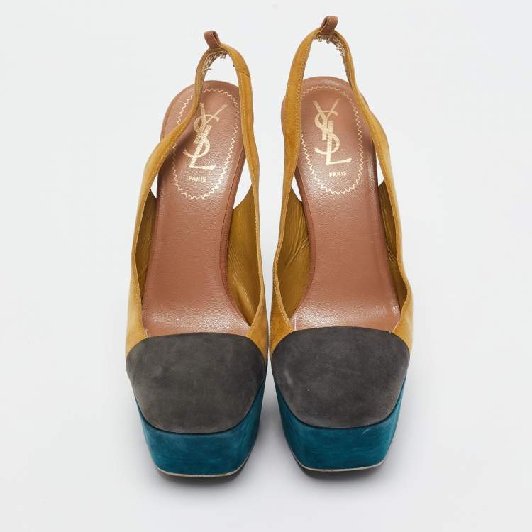 Pre Owned Yves Saint Laurent Yellow/Grey Suede Platform Slingback Pumps Size 37.5