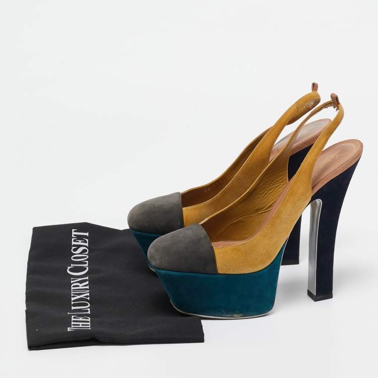 Pre Owned Yves Saint Laurent Yellow/Grey Suede Platform Slingback Pumps Size 37.5