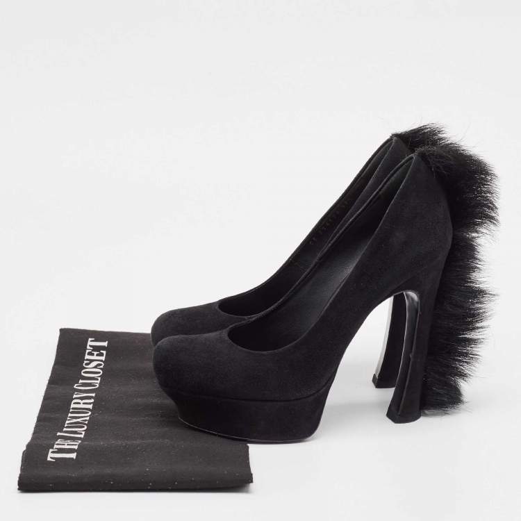 Pre Owned Yves Saint Laurent Black Suede and Fur Palais Mohawk Pumps 37.5