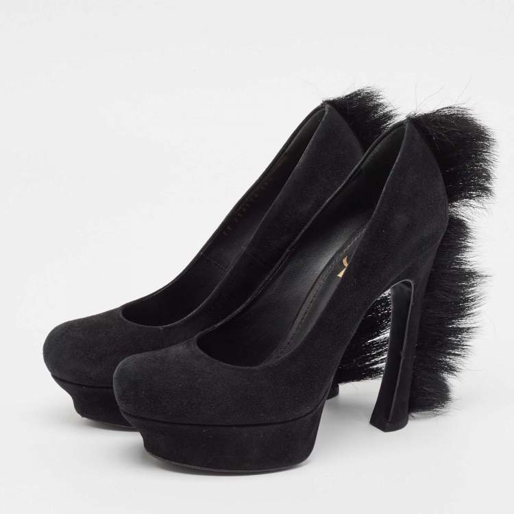Pre Owned Yves Saint Laurent Black Suede and Fur Palais Mohawk Pumps 37.5