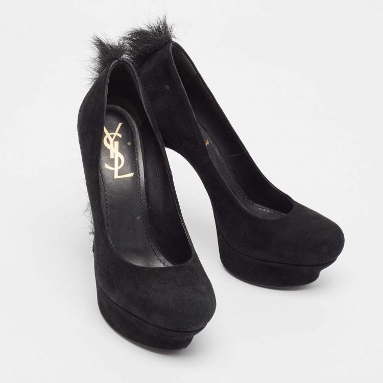Pre Owned Yves Saint Laurent Black Suede and Fur Palais Mohawk Pumps 37.5