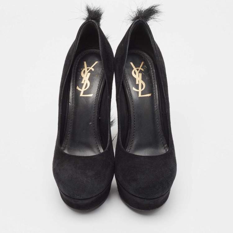 Pre Owned Yves Saint Laurent Black Suede and Fur Palais Mohawk Pumps 37.5