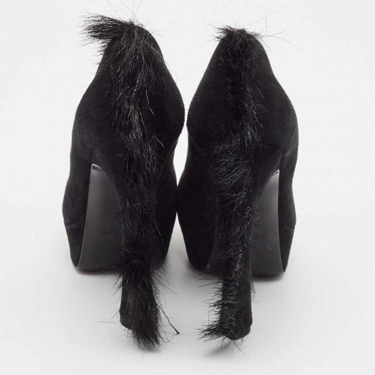 Pre Owned Yves Saint Laurent Black Suede and Fur Palais Mohawk Pumps 37.5