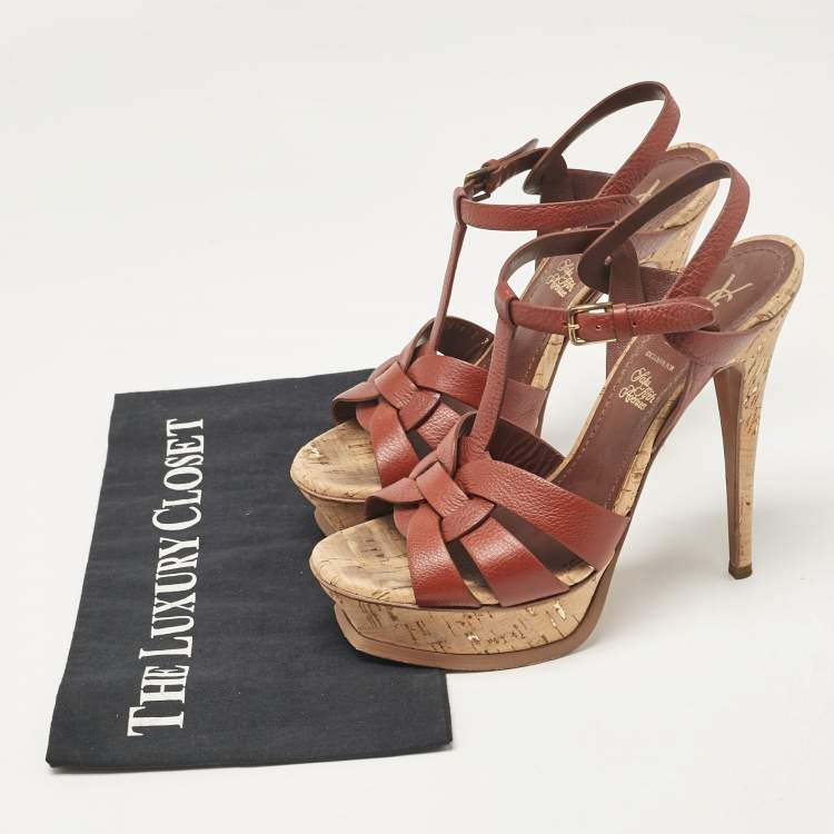 Pre Owned Saint Laurent Brown Leather Tribute Platform Sandals Size 38