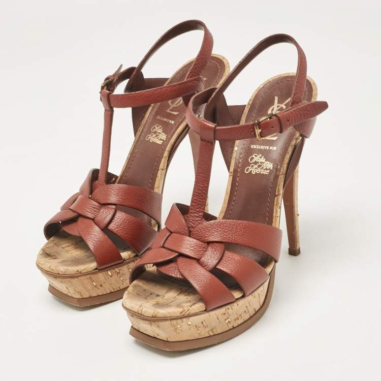 Pre Owned Saint Laurent Brown Leather Tribute Platform Sandals Size 38