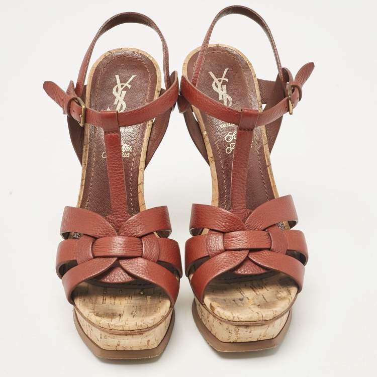 Pre Owned Saint Laurent Brown Leather Tribute Platform Sandals Size 38