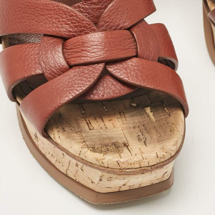 Pre Owned Saint Laurent Brown Leather Tribute Platform Sandals Size 38