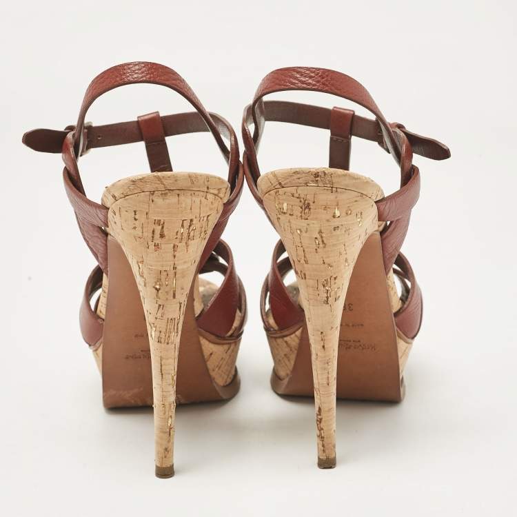 Pre Owned Saint Laurent Brown Leather Tribute Platform Sandals Size 38