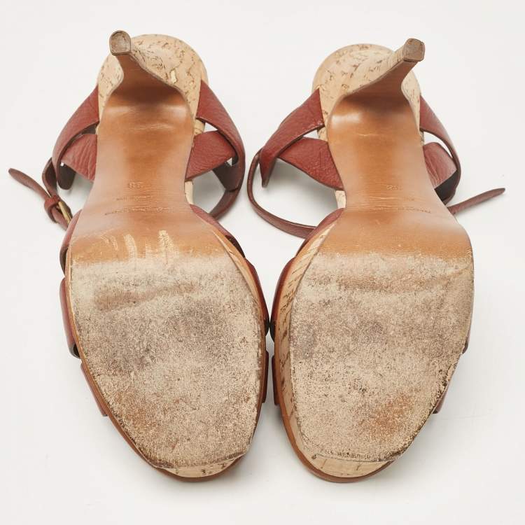 Pre Owned Saint Laurent Brown Leather Tribute Platform Sandals Size 38