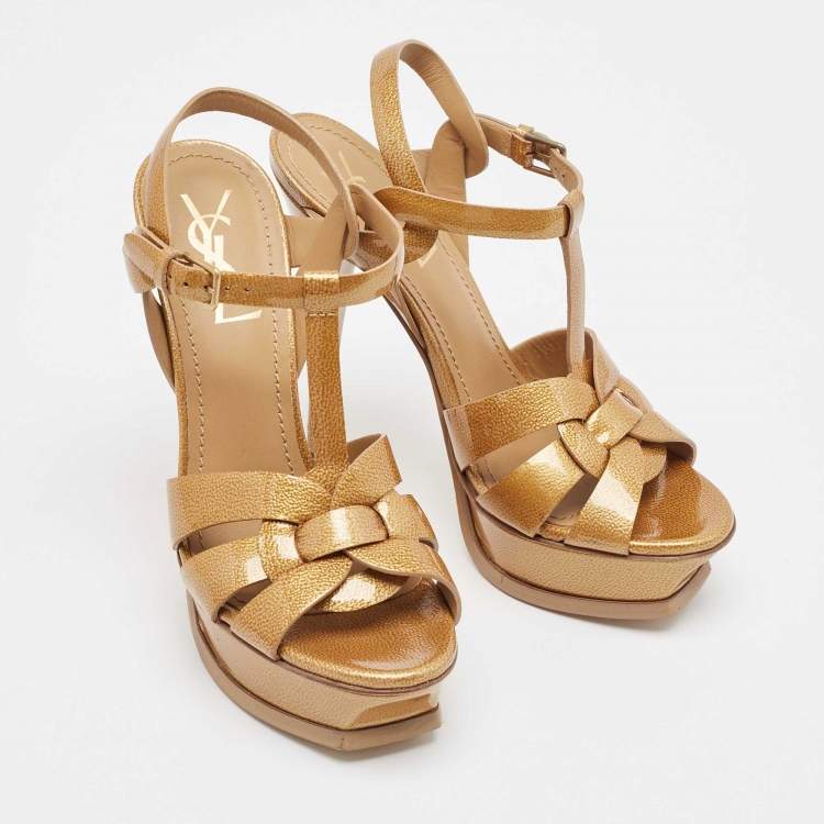 Pre Owned Yves Saint Laurent Gold Patent Leather Tribute Sandals Size 37