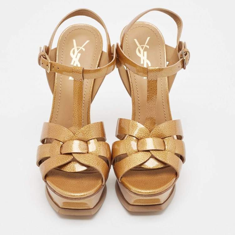 Pre Owned Yves Saint Laurent Gold Patent Leather Tribute Sandals Size 37
