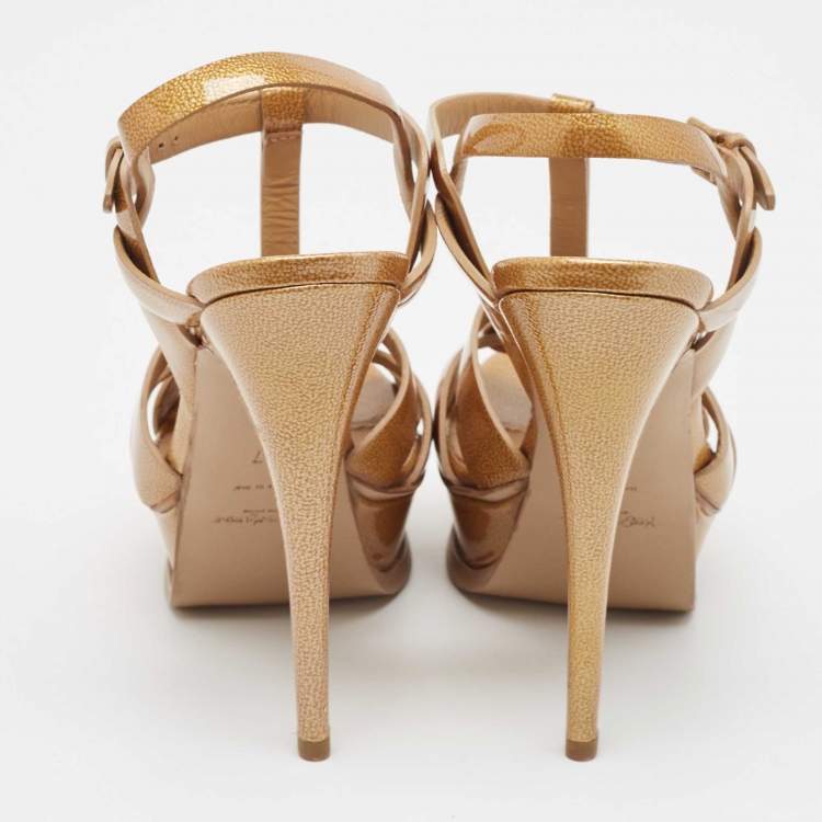 Pre Owned Yves Saint Laurent Gold Patent Leather Tribute Sandals Size 37