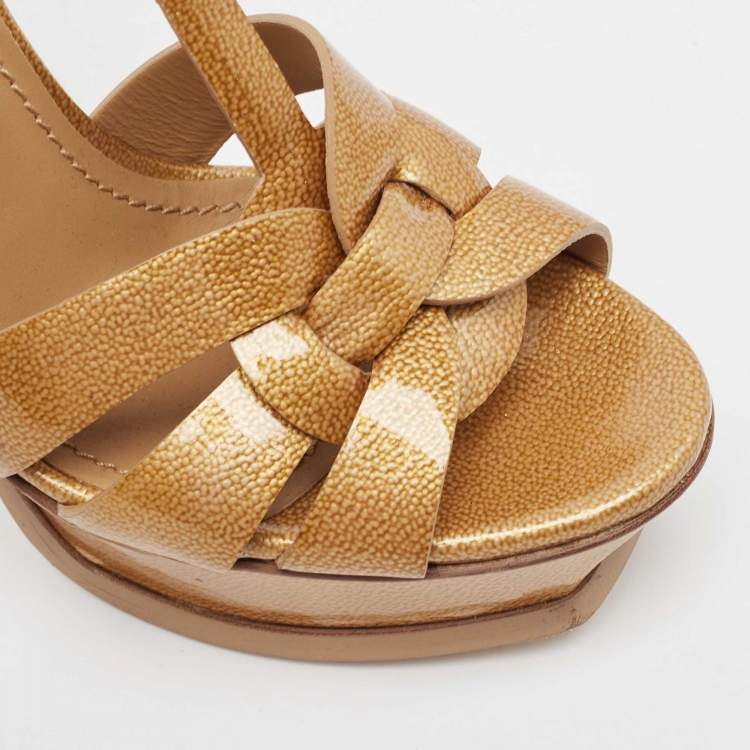 Pre Owned Yves Saint Laurent Gold Patent Leather Tribute Sandals Size 37
