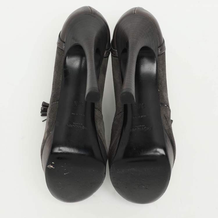 Pre Owned Yves Saint Laurent Grey Brogue Leather and Suede Janis Booties Size 37.5