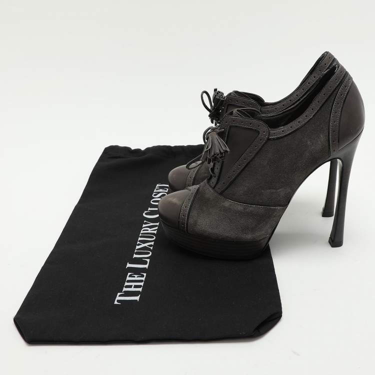 Pre Owned Yves Saint Laurent Grey Brogue Leather and Suede Janis Booties Size 37.5