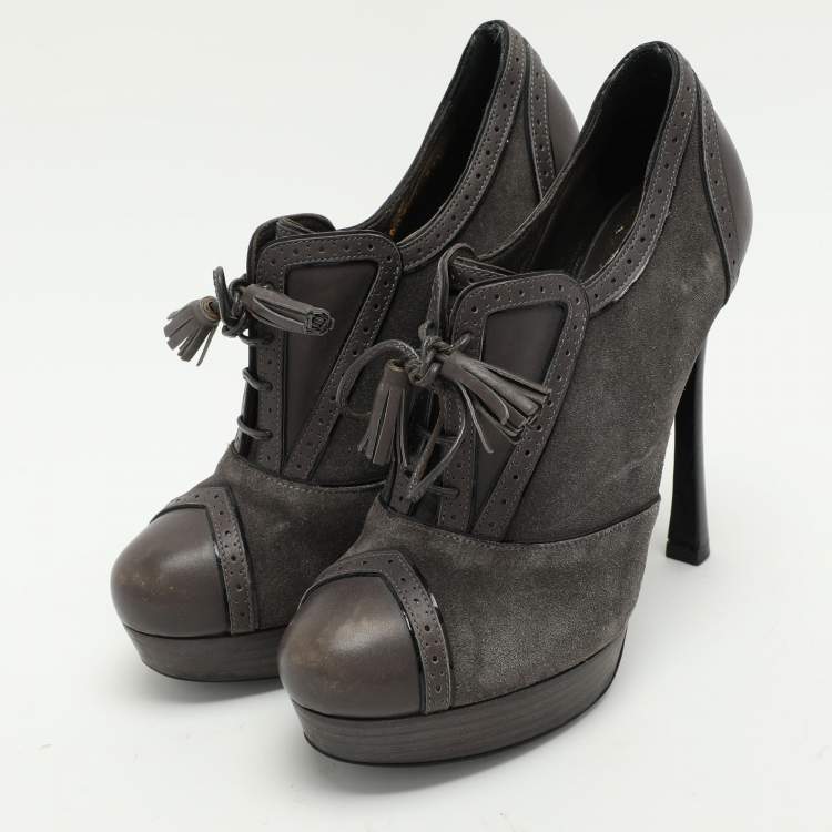 Pre Owned Yves Saint Laurent Grey Brogue Leather and Suede Janis Booties Size 37.5