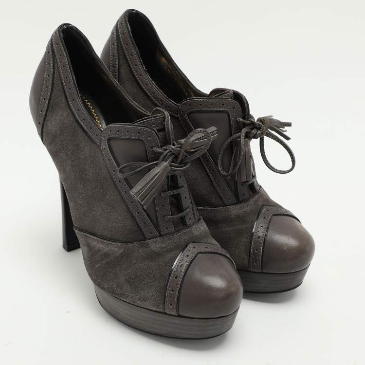 Pre Owned Yves Saint Laurent Grey Brogue Leather and Suede Janis Booties Size 37.5