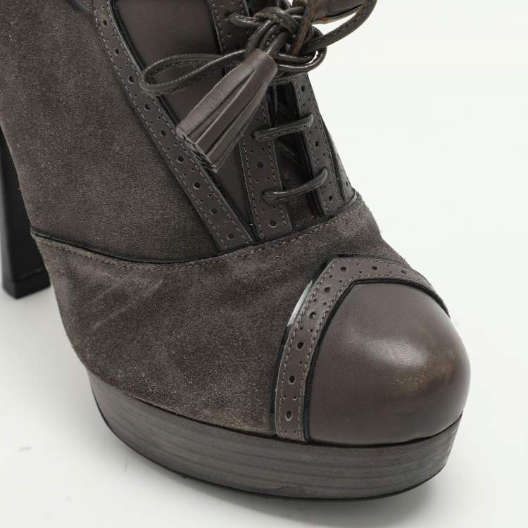 Pre Owned Yves Saint Laurent Grey Brogue Leather and Suede Janis Booties Size 37.5
