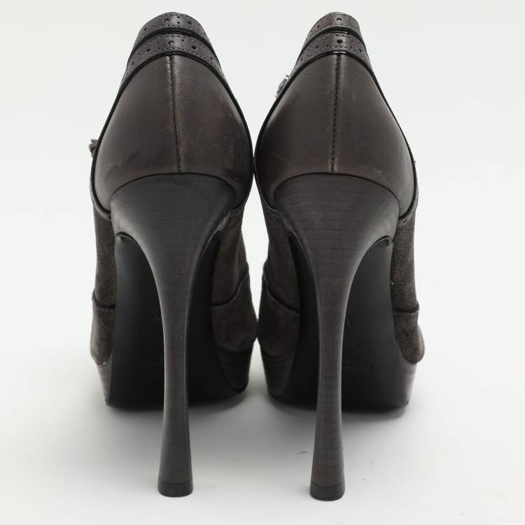 Pre Owned Yves Saint Laurent Grey Brogue Leather and Suede Janis Booties Size 37.5